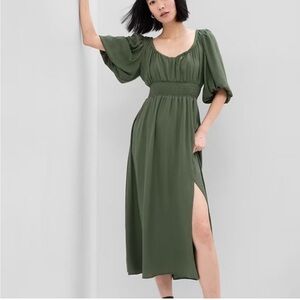 Gap Puff Sleeve Smocked Green Midi Dress